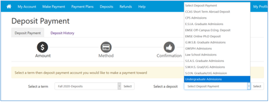 screenshot of deposit payment on GWEB
