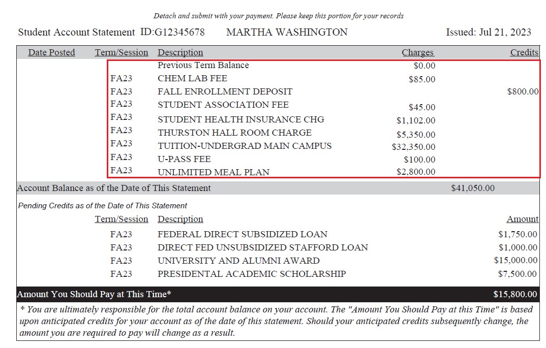 Image highlighting the billing itemization of a GW tuition statement