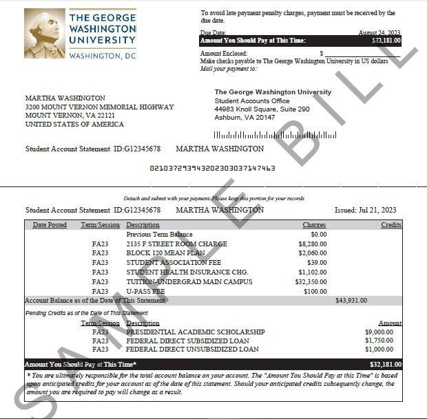 Sample of a GW tuition billing statement