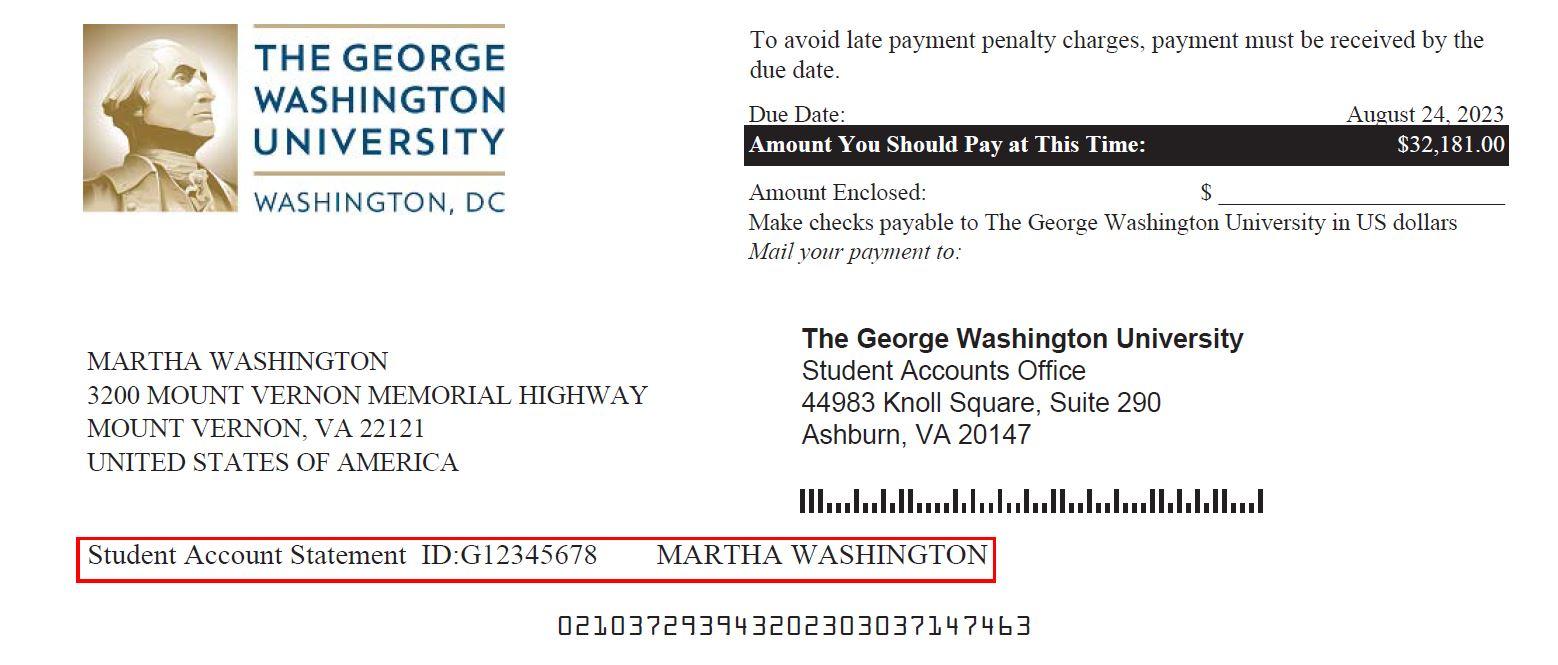 Image highlighting the account holder name & GWID on a GW tuition statement