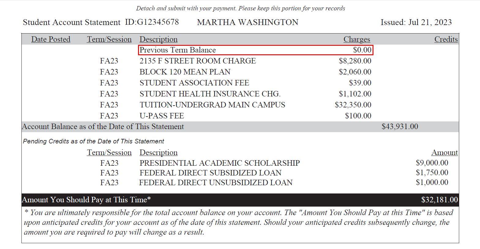 Image highlighting the previous semester's balance on a GW tuition statement