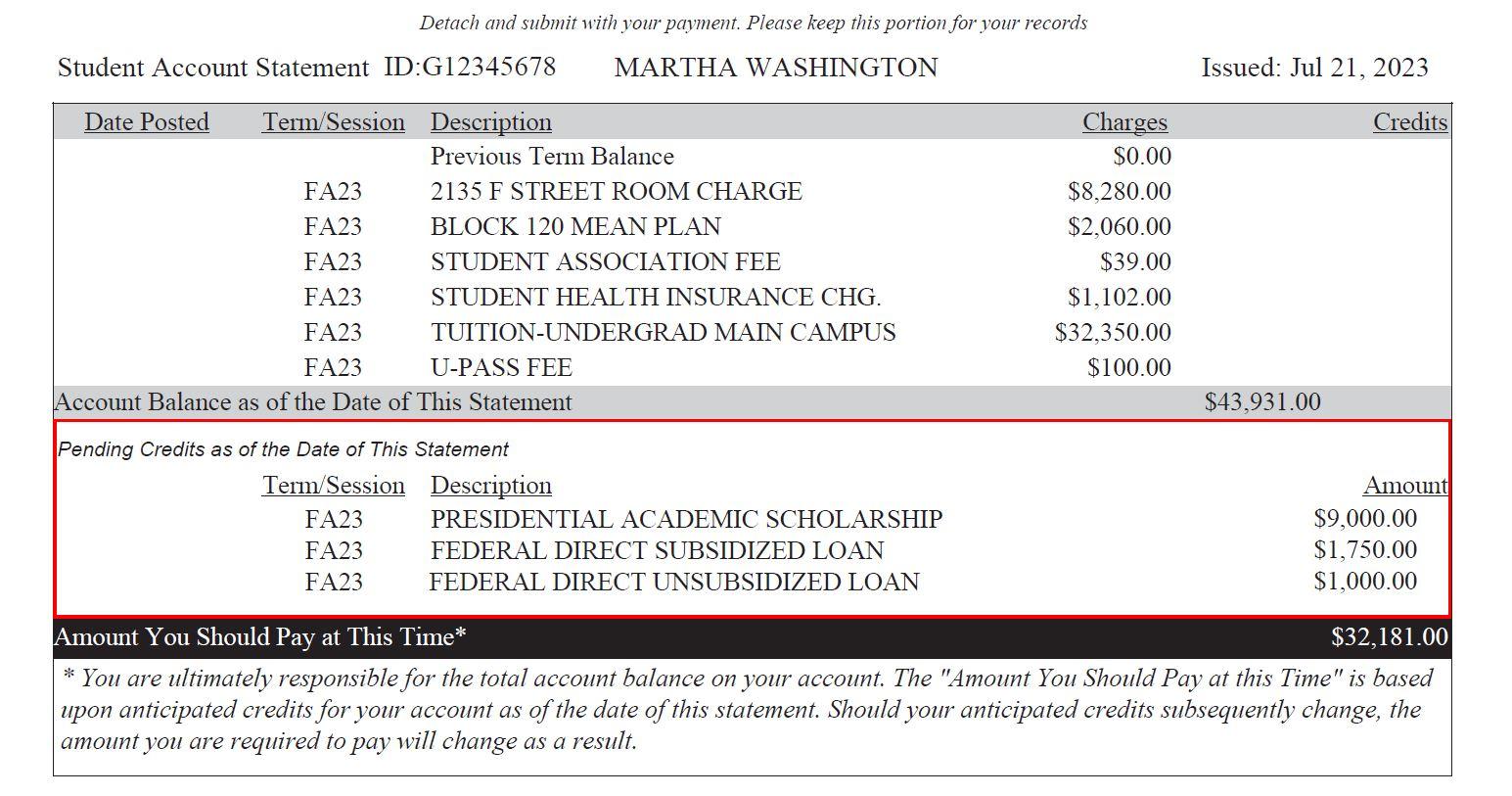  Image highlighting where pending credits are listed on a GW tuition statement